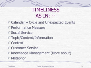 TIMELINESS AS IN: -- Calendar – Cycle and Unexpected Events Performance Measure Social Service Topic/Content/Information Context Customer Service Knowledge Management (More about) Metaphor Timeliness Elaine Heumann Gurian 