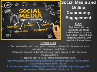 Social Media and
Online
Community
Engagement
Goal
To interact with an
audience via social
media. Also, to produce
and publish content that
engages, informs, and
entertains the audience.
Strategies
• Become familiar with new up and coming social media platforms such as
Meerkat, Periscope, and Scribd.
• Create an account on behalf of my non-profit on one of the new social
media platforms
• Watch: Top 10 Social Media Management Tools
http://www.lynda.com/Marketing-Enterprise-Marketing-tutorials/Top-10-Social-
Media-Management-Tools/188205-
2.html?srchtrk=index:1%0Alinktypeid:2%0Aq:social%2Bmedia%0Apage:1%0
As:relevance%0Asa:true%0Aproducttypeid:2
 