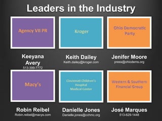 Leaders in the Industry
Keeyana
Avery
513-399-7772
Robin Reibel
Robin.reibel@macys.com
Jenifer Moore
press@ohiodems.org
Keith Dailey
Keith.dailey@kroger.com
Danielle Jones
Danielle.jones@cchmc.org
José Marques
513-629-1448
 