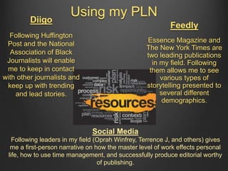 Using my PLN
Feedly
Essence Magazine and
The New York Times are
two leading publications
in my field. Following
them allows me to see
various types of
storytelling presented to
several different
demographics.
Diigo
Following Huffington
Post and the National
Association of Black
Journalists will enable
me to keep in contact
with other journalists and
keep up with trending
and lead stories.
Social Media
Following leaders in my field (Oprah Winfrey, Terrence J, and others) gives
me a first-person narrative on how the master level of work effects personal
life, how to use time management, and successfully produce editorial worthy
of publishing.
 