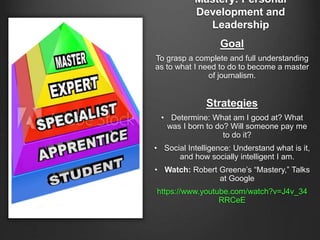 Mastery: Personal
Development and
Leadership
Goal
To grasp a complete and full understanding
as to what I need to do to become a master
of journalism.
Strategies
• Determine: What am I good at? What
was I born to do? Will someone pay me
to do it?
• Social Intelligence: Understand what is it,
and how socially intelligent I am.
• Watch: Robert Greene’s “Mastery,” Talks
at Google
https://www.youtube.com/watch?v=J4v_34
RRCeE
 