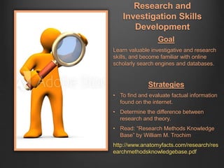 Research and
Investigation Skills
Development
Goal
Learn valuable investigative and research
skills, and become familiar with online
scholarly search engines and databases.
Strategies
• To find and evaluate factual information
found on the internet.
• Determine the difference between
research and theory.
• Read: “Research Methods Knowledge
Base” by William M. Trochim
http://www.anatomyfacts.com/research/res
earchmethodsknowledgebase.pdf
 