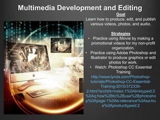 Multimedia Development and Editing
Goal
Learn how to produce, edit, and publish
various videos, photos, and audio.
Strategies
• Practice using iMovie by making a
promotional videos for my non-profit
organization.
• Practice using Adobe Photoshop and
Illustrator to produce graphics or edit
photos for work.
• Watch: Photoshop CC Essential
Training
http://www.lynda.com/Photoshop-
tutorials/Photoshop-CC-Essential-
Training-2015/372339-
2.html?srchtrk=index:1%0Alinktypeid:2
%0Aq:how%2Bto%2Buse%2Bphotosho
p%0Apage:1%0As:relevance%0Asa:tru
e%0Aproducttypeid:2
 