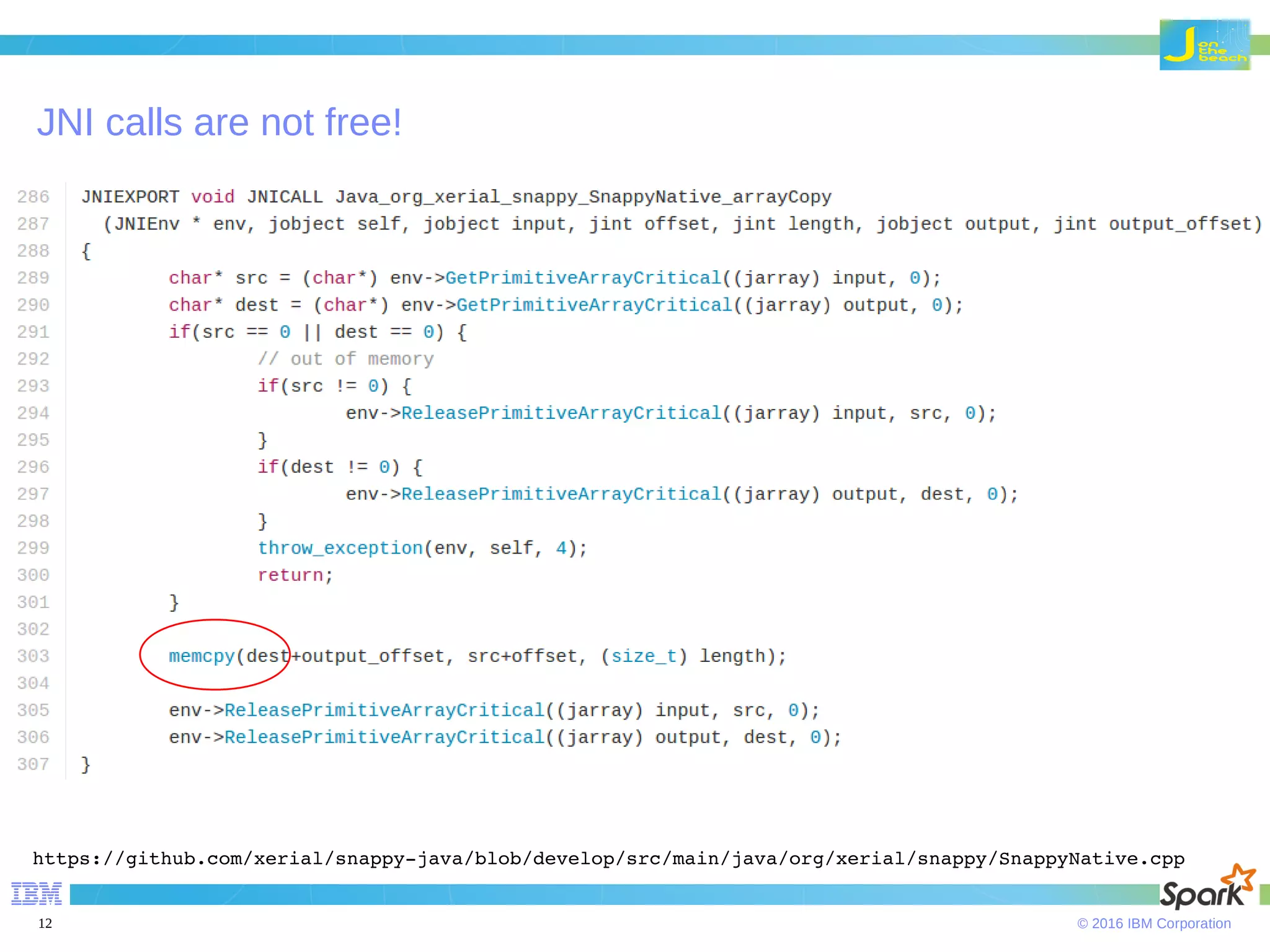 © 2016 IBM Corporation12 JNI calls are not free! https://github.com/xerial/snappy­java/blob/develop/src/main/java/org/xerial/snappy/SnappyNative.cpp 