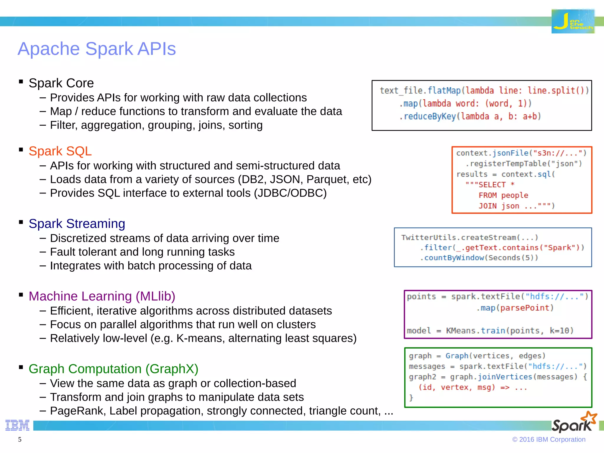 © 2016 IBM Corporation5 Apache Spark APIs  Spark Core – Provides APIs for working with raw data collections – Map / reduce functions to transform and evaluate the data – Filter, aggregation, grouping, joins, sorting  Spark SQL – APIs for working with structured and semi-structured data – Loads data from a variety of sources (DB2, JSON, Parquet, etc) – Provides SQL interface to external tools (JDBC/ODBC)  Spark Streaming – Discretized streams of data arriving over time – Fault tolerant and long running tasks – Integrates with batch processing of data  Machine Learning (MLlib) – Efficient, iterative algorithms across distributed datasets – Focus on parallel algorithms that run well on clusters – Relatively low-level (e.g. K-means, alternating least squares)  Graph Computation (GraphX) – View the same data as graph or collection-based – Transform and join graphs to manipulate data sets – PageRank, Label propagation, strongly connected, triangle count, ... 
