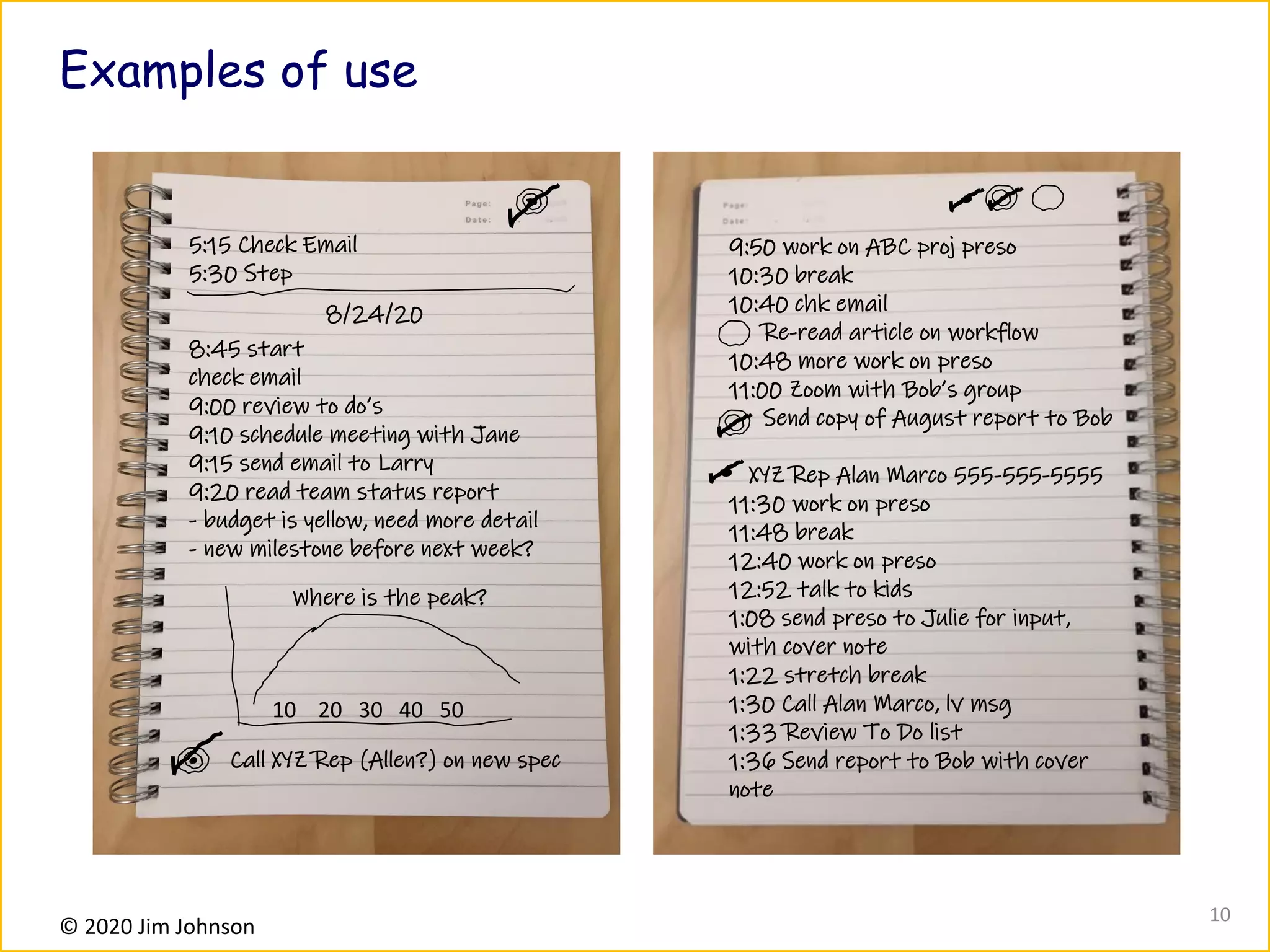 © 2020 Jim Johnson
Examples of use
5:15 Check Email
5:30 Step
8:45 start
check email
9:00 review to do’s
9:10 schedule meeting with Jane
9:15 send email to Larry
9:20 read team status report
- budget is yellow, need more detail
- new milestone before next week?
Where is the peak?
10 20 30 40 50
Call XYZ rep (Allen?) about new spec
8/24/20
9:50 work on ABC proj preso
10:30 break
10:40 chk email
Re-read article on workflow
10:48 more work on preso
11:00 Zoom with Bob’s group
Send copy of August report to Bob
XYZ Rep Alan Marco 555-555-5555
11:30 work on preso
11:48 break
12:40 work on preso
12:52 talk to kids
1:08 send preso to Julie for input,
with cover note
1:22 stretch break
1:30 Call Alan Marco, lv msg
1:33 Review To Do list
1:36 Send report to Bob with cover
note
Call XYZ Rep (Allen?) on new spec
10
 