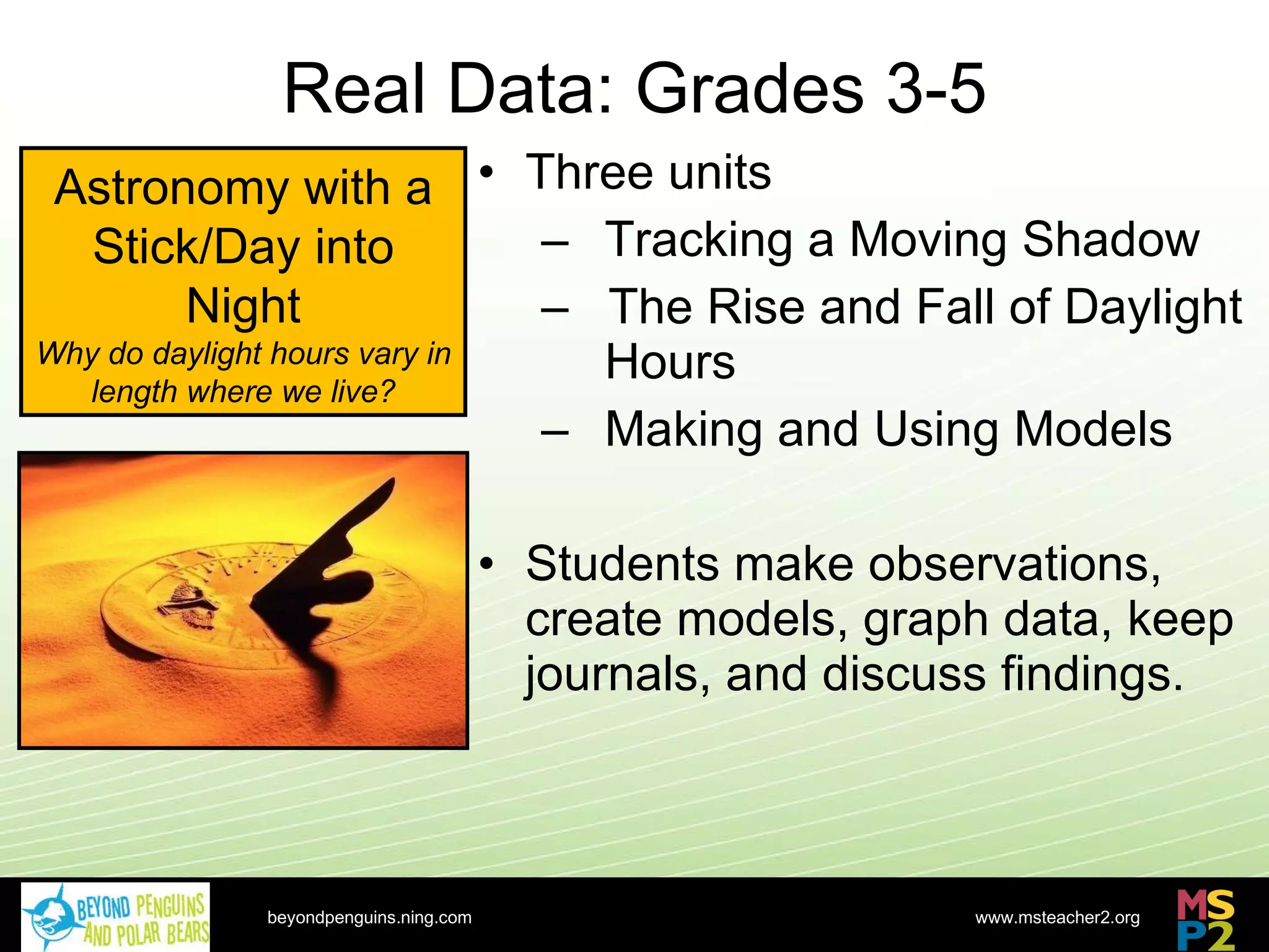 Real Data: Grades 3-5 Three units Tracking a Moving Shadow The Rise and Fall of Daylight  Hours Making and Using Models Students make observations, create models, graph data, keep journals, and discuss findings. Astronomy with a Stick/Day into Night Why do daylight hours vary in length where we live? http://nsdl.org beyondpenguins.ning.com 