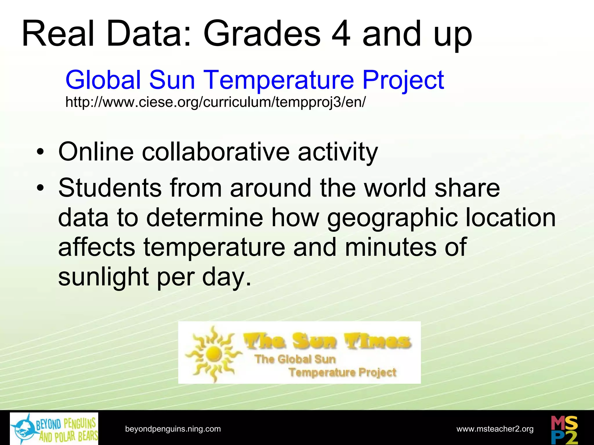 Real Data: Grades 4 and up Online collaborative activity Students from around the world share data to determine how geographic location affects temperature and minutes of sunlight per day. Global Sun Temperature Project http://www.ciese.org/curriculum/tempproj3/en/ http://nsdl.org beyondpenguins.ning.com 