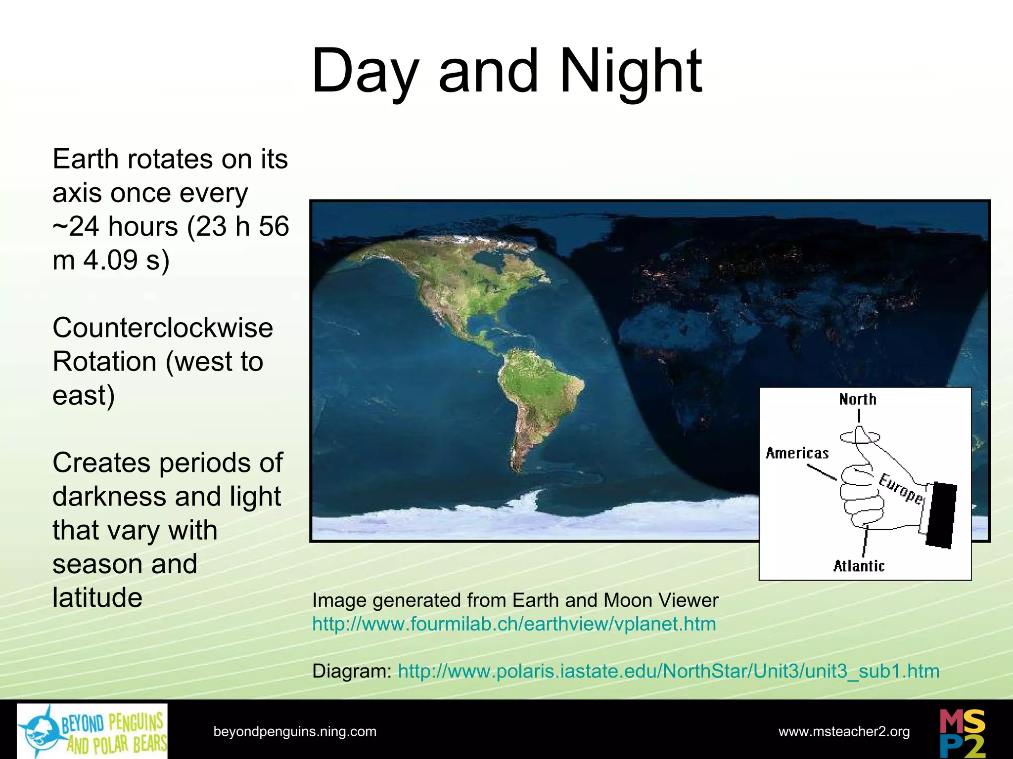Day and Night beyondpenguins.ning.com Earth rotates on its axis once every ~24 hours (23 h 56 m 4.09 s) Counterclockwise  Rotation (west to east) Creates periods of darkness and light that vary with season and latitude Image generated from Earth and Moon Viewer http://www.fourmilab.ch/earthview/vplanet.htm Diagram:  http://www.polaris.iastate.edu/NorthStar/Unit3/unit3_sub1.htm 
