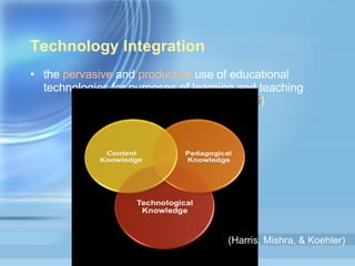 Technology Integration the  pervasive  and  productive  use of educational technologies for purposes of learning and teaching  ( Harris, 2005 ) (Harris, Mishra, & Koehler) 