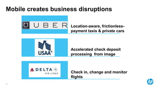 Mobile creates business disruptions

                     Location-aware, frictionless-
                     payment taxis & private cars



                     Accelerated check deposit
                     processing from image



                     Check in, change and monitor
                     flights
14
 