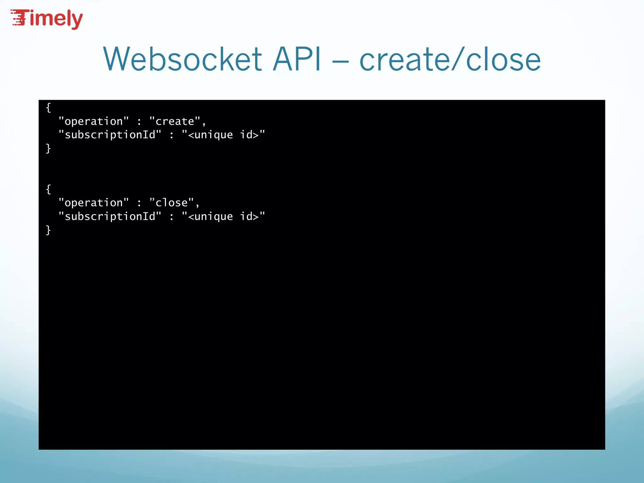 Websocket API – create/close
{
"operation" : "create",
"subscriptionId" : "<unique id>"
}
{
"operation" : ”close",
"subscriptionId" : "<unique id>"
}
 