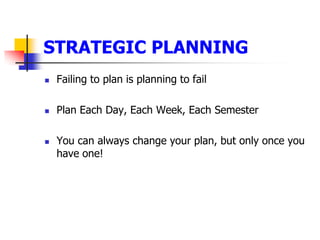 STRATEGIC PLANNINGFailing to plan is planning to failPlan Each Day, Each Week, Each SemesterYou can always change your plan, but only once you have one!