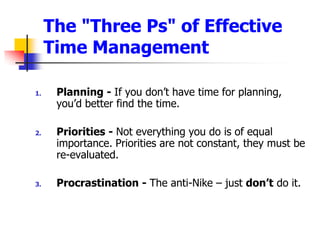 The &quot;Three Ps&quot; of Effective Time ManagementPlanning - If you dont have time for planning, youd better find the time.Priorities - Not everything you do is of equal importance. Priorities are not constant, they must be re-evaluated.Procrastination - The anti-Nike C just dont do it.