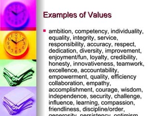 Examples of Values <ul><li>ambition, competency, individuality, equality, integrity, service, responsibility, accuracy, re...