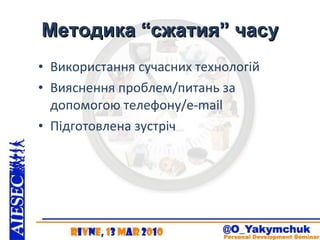 Методика “сжатия” часу Використання сучасних технологій Вияснення проблем/питань за допомогою телефону/ e-mail Підготовлена зустріч 