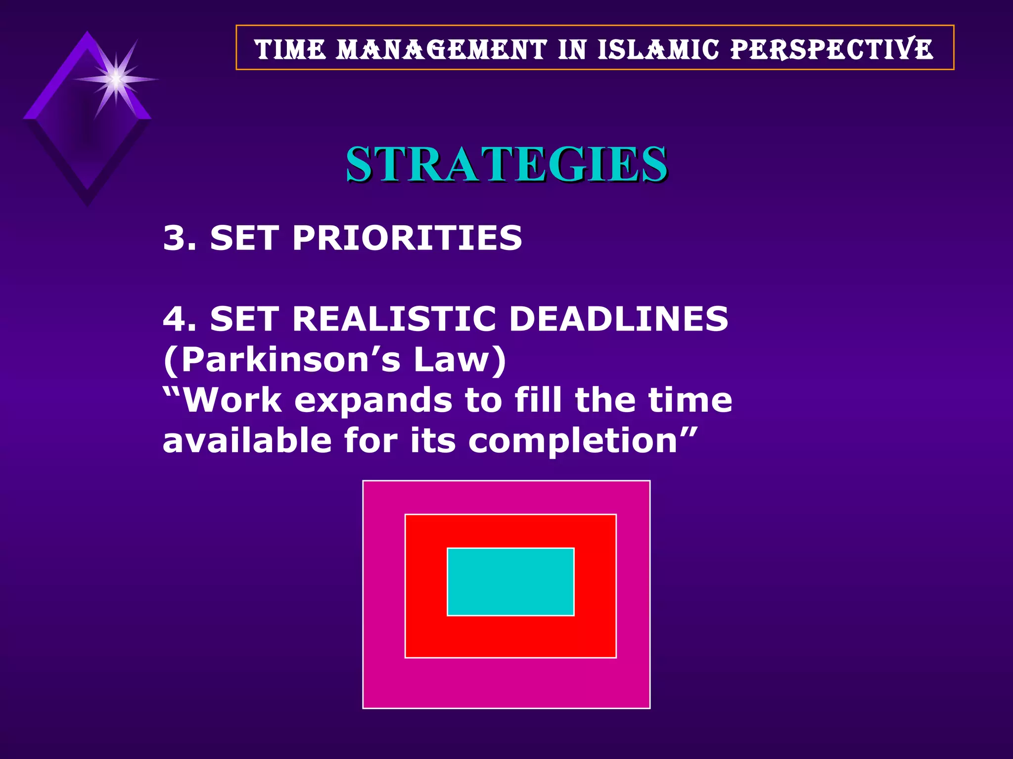 STRATEGIES 3. SET PRIORITIES 4. SET REALISTIC DEADLINES (Parkinson’s Law) “ Work expands to fill the time available for its completion” TIME MANAGEMENT IN ISLAMIC PERSPECTIVE 
