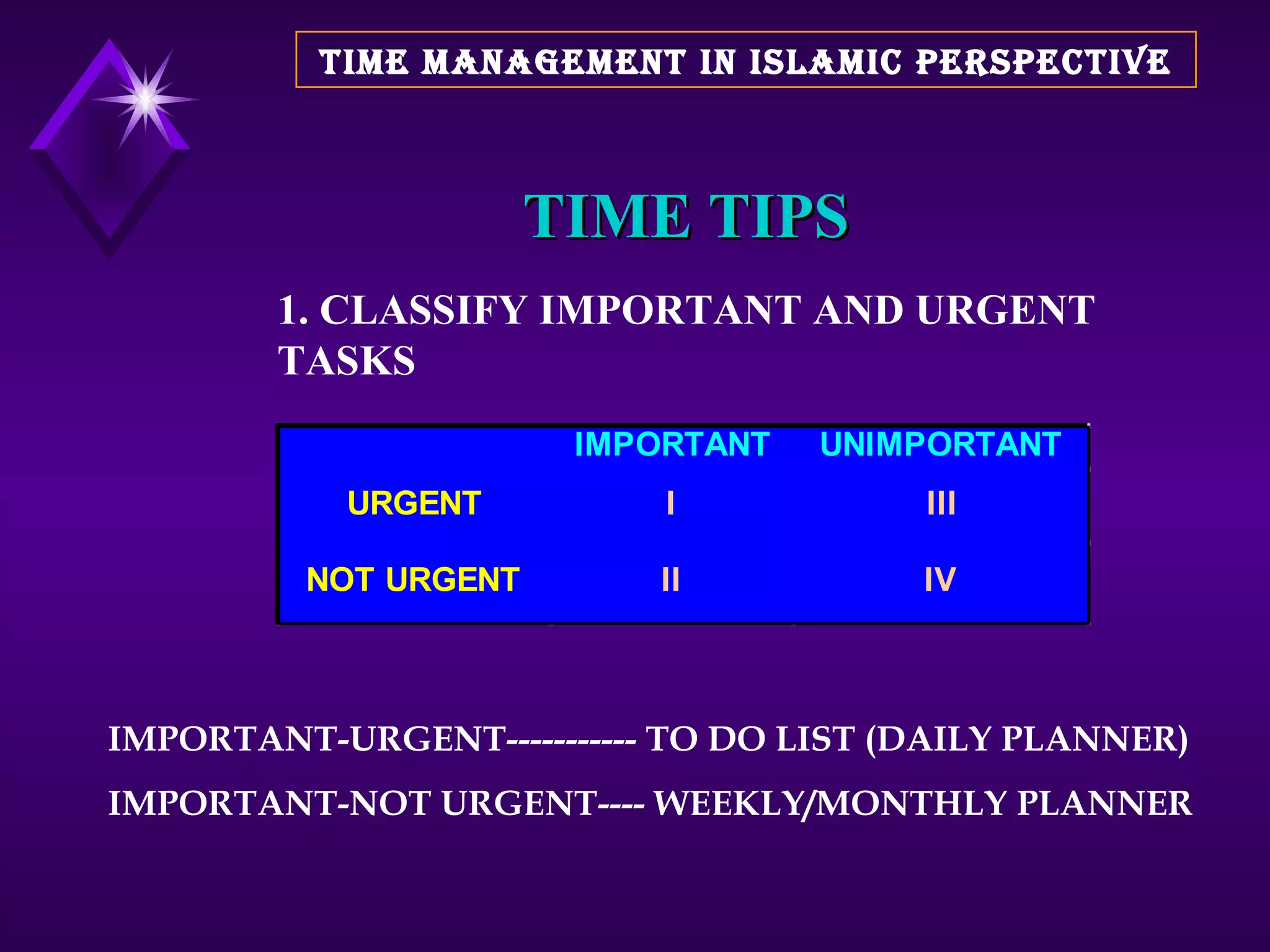 TIME TIPS 1. CLASSIFY IMPORTANT AND URGENT TASKS IMPORTANT-URGENT----------- TO DO LIST (DAILY PLANNER) IMPORTANT-NOT URGENT---- WEEKLY/MONTHLY PLANNER TIME MANAGEMENT IN ISLAMIC PERSPECTIVE 