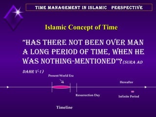 Islamic Concept of Time TIME MANAGEMENT IN ISLAMIC  PERSPECTIVE ” Has there not been over man a long period of Time, when he was nothing-mentioned”? (Sura Ad Dahr v-1)   Hereafter  Timeline Present World Era Infinite Period Resurrection Day  