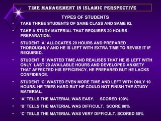 TAKE THREE STUDENTS OF SAME CLASS AND SAME IQ. TAKE A STUDY MATERIAL THAT REQUIRES 20 HOURS PREPARATION. STUDENT ‘A’ ALLOCATES 20 HOURS AND PREPARED THOROUGHLY AND HE IS LEFT WITH EXTRA TIME TO REVISE IT IF REQUIRED. STUDENT ‘B’ WASTED TIME AND REALISES THAT HE IS LEFT WITH ONLY  LAST 20 AVAILABLE HOURS AND DEVELOPED ANXIETY THAT AFFECTED HIS EFFICIENCY. HE PREPARED BUT HE LACKS CONFIDENCE. STUDENT ‘C’ WASTED EVEN MORE TIME AND LEFT WITH ONLY 10 HOURS. HE TRIES HARD BUT HE COULD NOT FINISH THE STUDY MATERIAL.  ‘ A’ TELLS THE MATERIAL WAS EASY.  SCORED 100% ‘ B’ TELLS THE MATERIAL WAS DIFFICULT.  SCORE 80% ‘ C’ TELLS THE MATERIAL WAS VERY DIFFICULT. SCORED 60% TIME MANAGEMENT IN ISLAMIC PERSPECTIVE TYPES OF STUDENTS 
