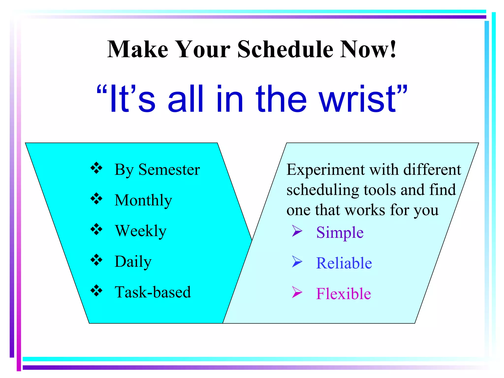 Make Your Schedule Now! “ It’s all in the wrist” By Semester Monthly Weekly Daily Task-based Experiment with different scheduling tools and find one that works for you Simple Reliable Flexible 