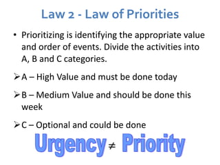 Law 2 - Law of Priorities <ul><li>Prioritizing is identifying the appropriate value and order of events. Divide the activi...