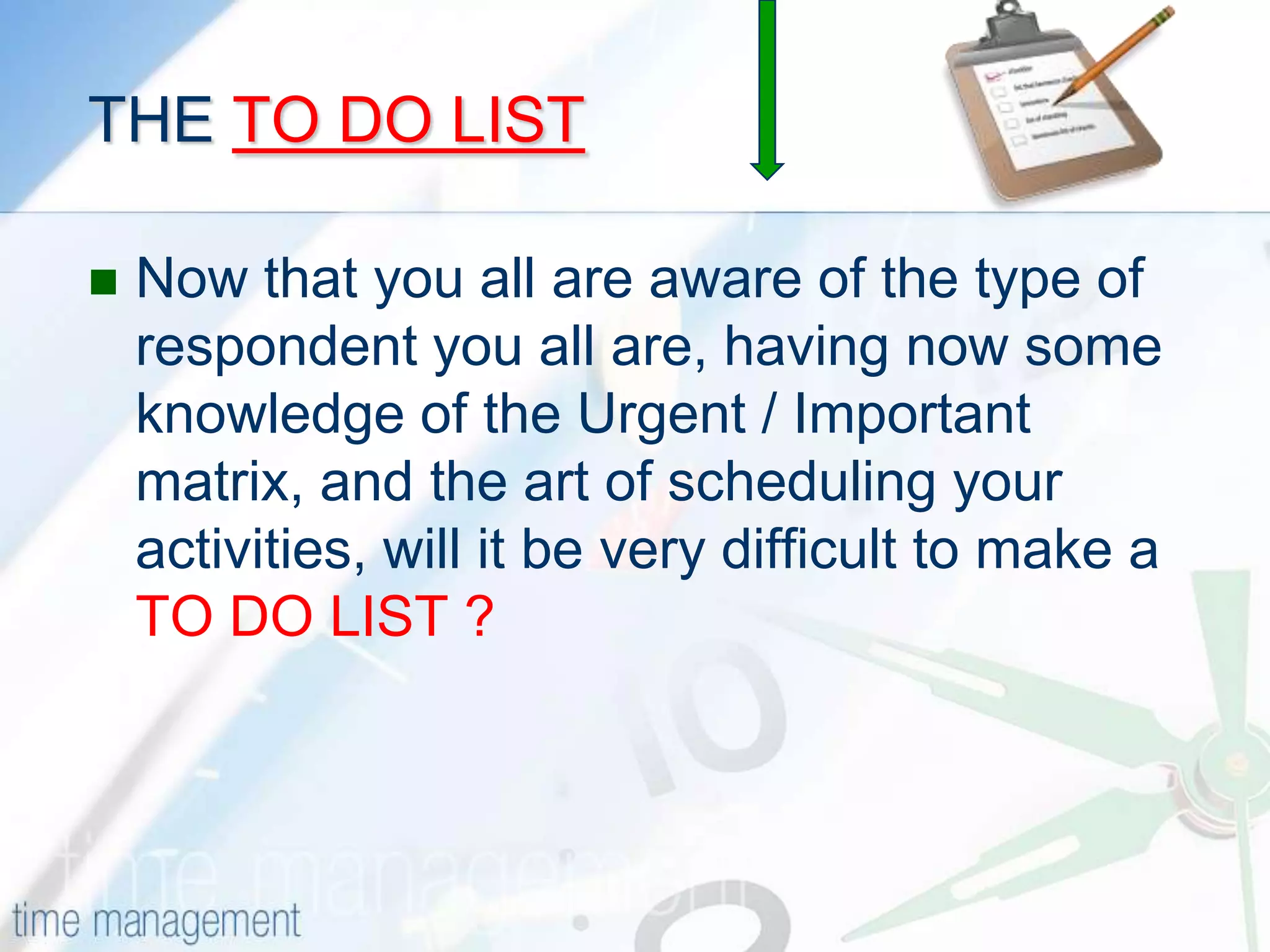 EFFECTIVE SCHEDULING   2Review your To Do List, and schedule in the high-priority urgent activities, as well as the essential maintenance tasks that cannot be delegated and cannot be avoided.Next, block in appropriate contingency time. You will learn how much of this you need by experience. Normally, the more unpredictable your job, the more contingency time you need. The reality of many people's work is of constant interruption: Studies show some managers getting an average of as little as six minutes uninterrupted work done at a time.Obviously, you cannot tell when interruptions will occur. However, by leaving space in your schedule, you give yourself the flexibility to rearrange your schedule to react effectively to issues as they arise.What you now have left is your "discretionary time": the time available to deliver your priorities and achieve your goals.