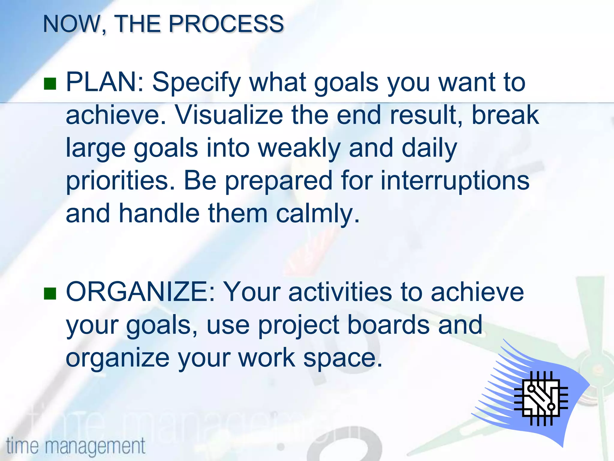 --3   THE TO DO LISTThe B’s are very important but are not very urgent ( U / I Matrix )C’s do not require immediate attention. These tasks are often small and easy jobs.Schedule appropriate times for all the A’sTAKE CONTROL OF YOUR TIME AND LIFE