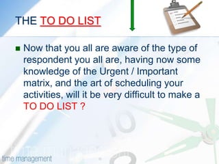 EFFECTIVE SCHEDULING   2Review your To Do List, and schedule in the high-priority urgent activities, as well as the essential maintenance tasks that cannot be delegated and cannot be avoided.Next, block in appropriate contingency time. You will learn how much of this you need by experience. Normally, the more unpredictable your job, the more contingency time you need. The reality of many people's work is of constant interruption: Studies show some managers getting an average of as little as six minutes uninterrupted work done at a time.Obviously, you cannot tell when interruptions will occur. However, by leaving space in your schedule, you give yourself the flexibility to rearrange your schedule to react effectively to issues as they arise.What you now have left is your "discretionary time": the time available to deliver your priorities and achieve your goals.