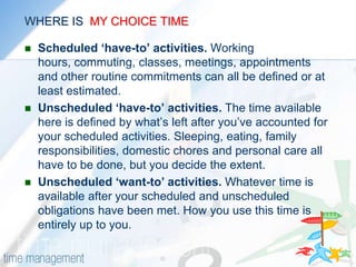 WHERE IS  MY CHOICE TIME ?Essentially, your time frame, ie 24 hours minus your commitments = your choice time. Each time frame consists of three types of activitiesWhether it's a day, week, month, term or year, each time frame can be broken down into three parts:                                                            -2