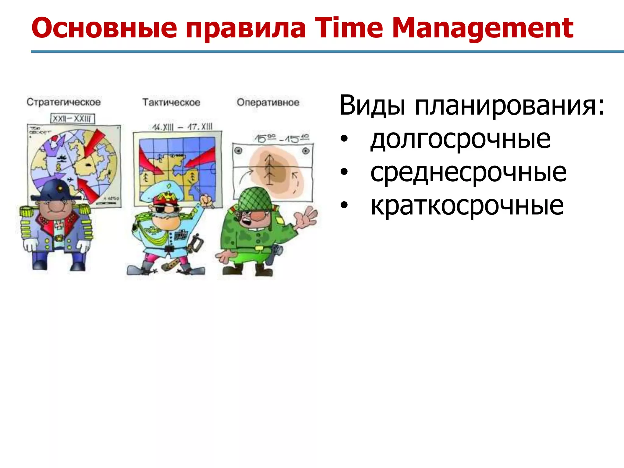 Основные правила Time Management

                  Виды планирования:
                  • долгосрочные
                  • среднесрочные
                  • краткосрочные
 