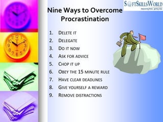 Nine Ways to Overcome
    Procrastination
1.   DELETE IT
2.   DELEGATE
3.   DO IT NOW
4.   ASK FOR ADVICE
5.   CHOP IT UP
6.   OBEY THE 15 MINUTE RULE
7.   HAVE CLEAR DEADLINES
8.   GIVE YOURSELF A REWARD
9.   REMOVE DISTRACTIONS
 