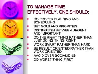 TO MANAGE TIME EFFECTIVELY, ONE SHOULD: DO PROPER PLANNING AND SCHEDULING SET GOLS AND PRIORITIES DISTINGUISH BETWEEN URGENT AND IMPORTANT DO THE RIGHT THING RATHER THAN JUST DOING THING RIGHT WORK SMART RATHER THAN HARD BE RESULT ORIENTED RATHER THAN WORK ORIENTED AVOID OVER SOCIALIZING DO WORST THING FIRST 