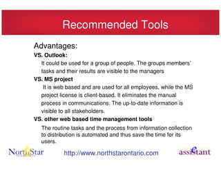 Recommended Tools
Advantages:
VS. Outlook:
  It could be used for a group of people. The groups members’
  tasks and their results are visible to the managers
VS. MS project
   It is web based and are used for all employees, while the MS
  project license is client-based. It eliminates the manual
  process in communications. The up-to-date information is
  visible to all stakeholders.
VS. other web based time management tools
  The routine tasks and the process from information collection
  to distribution is automated and thus save the time for its
  users.

           http://www.northstarontario.com
 