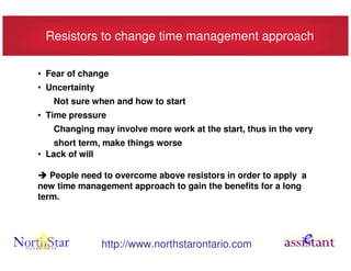 Resistors to change time management approach

• Fear of change
• Uncertainty
   Not sure when and how to start
• Time pressure
   Changing may involve more work at the start, thus in the very
    short term, make things worse
• Lack of will

   People need to overcome above resistors in order to apply a
new time management approach to gain the benefits for a long
term.




                http://www.northstarontario.com
 