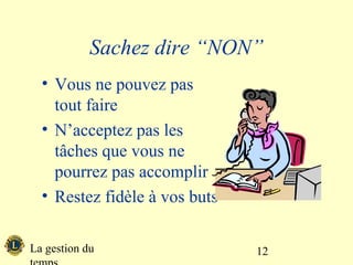 Sachez dire “NON”
  • Vous ne pouvez pas
    tout faire
  • N’acceptez pas les
    tâches que vous ne
    pourrez pas accomplir
  • Restez fidèle à vos buts

La gestion du                  12
 