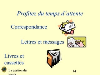 Profitez du temps d’attente

   Correspondance

         Lettres et messages

Livres et
cassettes
 La gestion du                 14
 