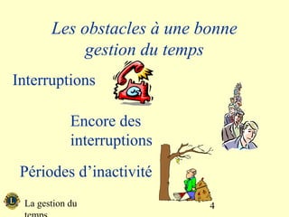 Les obstacles à une bonne
            gestion du temps
Interruptions

            Encore des
            interruptions
 Périodes d’inactivité
 La gestion du              4
 