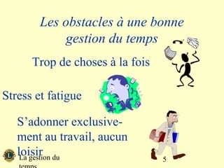 Les obstacles à une bonne
             gestion du temps
      Trop de choses à la fois

Stress et fatigue

   S’adonner exclusive-
   ment au travail, aucun
   loisir du
    La gestion                   5
 