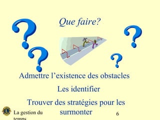 Que faire?




 Admettre l’existence des obstacles
              Les identifier
      Trouver des stratégies pour les
La gestion du  surmonter          6
 
