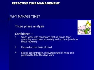 EFFECTIVE TIME MANAGEMENT WHY MANAGE TIME? Three phase analysis  Confidence –  Starts work with confidence that all things done yesterday were done accurately and on time (ready to shoot rockets!) Focused on the tasks at hand Strong concentration, motivated state of mind and  prepared to take the days work 
