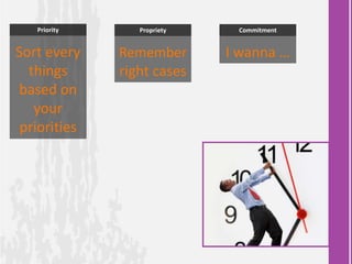 Remember
right cases
I wanna …Sort every
things
based on
your
priorities
Priority Propriety Commitment
 