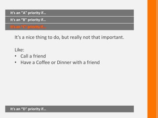 It's a nice thing to do, but really not that important.
Like:
• Call a friend
• Have a Coffee or Dinner with a friend
It's an "A" priority if…
It's an “B" priority if…
It's an “C" priority if…
It's an “D" priority if…
 