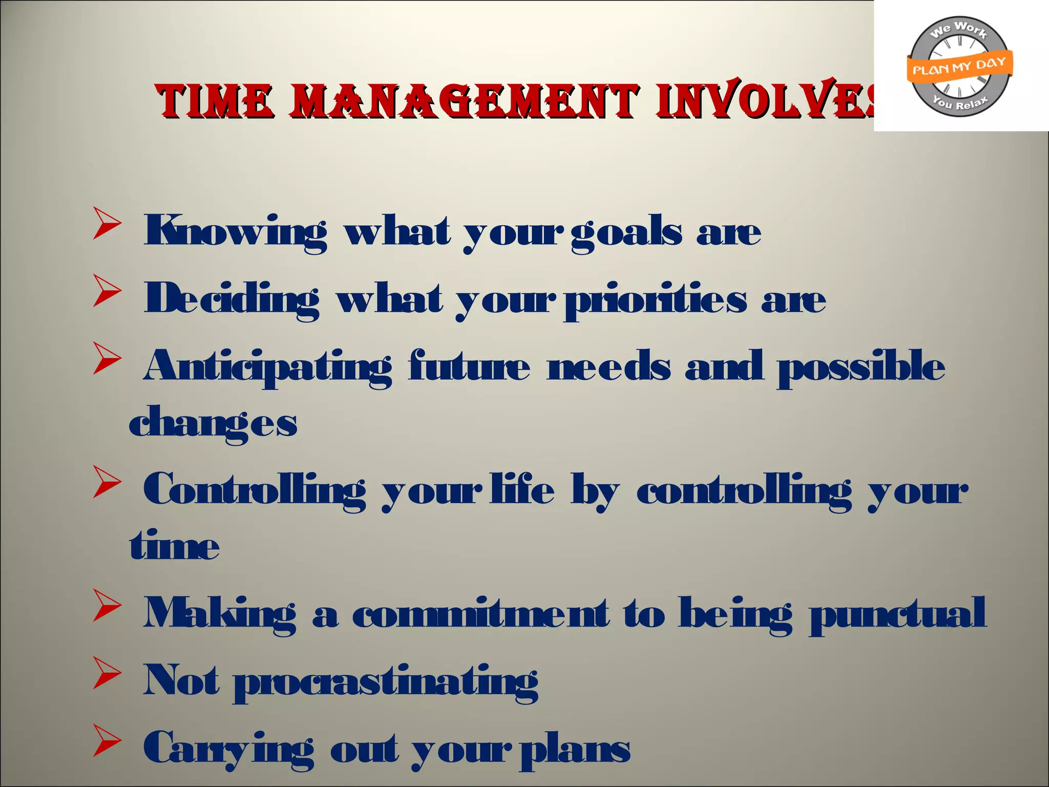Time managemenT involvesTime managemenT involves
 Knowing what yourgoals are
 Deciding what yourpriorities are
 Anticipating future needs and possible
changes
 Controlling yourlife by controlling your
time
 Making a commitment to being punctual
 Not procrastinating
 Carrying out yourplans
 