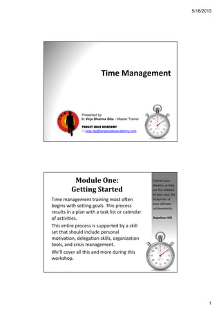 5/18/2013
1
Time ManagementTime Management
Presented by:
Ir. Virja Dharma Gita – Master Trainer
TARGET SALES ACADEMY
virja.dg@targetsalesacademy.com
Module One:
Getting Started
Time management training most often
begins with setting goals This process
Cherish your
dreams, as they
are the children
of your soul, the
blueprints of
your ultimate
begins with setting goals. This process
results in a plan with a task list or calendar
of activities.
This entire process is supported by a skill
set that should include personal
motivation delegation skills organization
achievements.
Napoleon Hill
motivation, delegation skills, organization
tools, and crisis management.
We’ll cover all this and more during this
workshop.
 