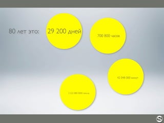 80 лет это: 29 200 дней
700 800 часов
42 048 000 минут
2 522 880 0000 секунд
 