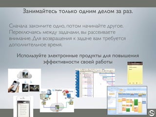 Занимайтесь только одним делом за раз.
Сначала закончите одно, потом начинайте другое.
Переключаясь между задачами, вы рассеиваете
внимание. Для возвращения к задаче вам требуется
дополнительное время.
Используйте электронные продукты для повышения
эффективности своей работы
 