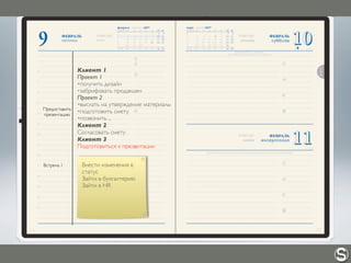 Встреча 1
Предоставить
презентацию
Клиент 1
Проект 1
✴получить дизайн
✴забрифовать продакшен
Проект 2
✴выслать на утверждение материалы
✴подготовить смету
✴позвонить ...
Клиент 2
Согласовать смету
Клиент 3
Подготовиться к презентации
Внести изменения в
статус
Зайти в бухгалтерию
Зайти в HR
 