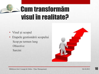Cum transformăm
visul în realitate?
• Visul și scopul
• Etapele gestionării scopului
Scop pe termen lung
Obiective
Sarcini
06.10.2013Biblioteca Ion Creangă & Globo - Time Management 10
 