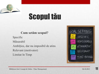 Scopul tău
Cum setăm scopul?
Specific
Măsurabil
Ambițios, dar nu imposibil de atins
Relevant (motivator)
Limitat în Timp
06.10.2013Biblioteca Ion Creangă & Globo - Time Management 11
 